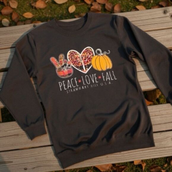 Gildan Peace, Love, and Fall Brown and Orange Long Sleeve t-shirt. Size M - Picture 1 of 3
